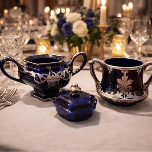 Elegant Blue Sterling Overlay Art Deco Lenox Two Sugar Containers